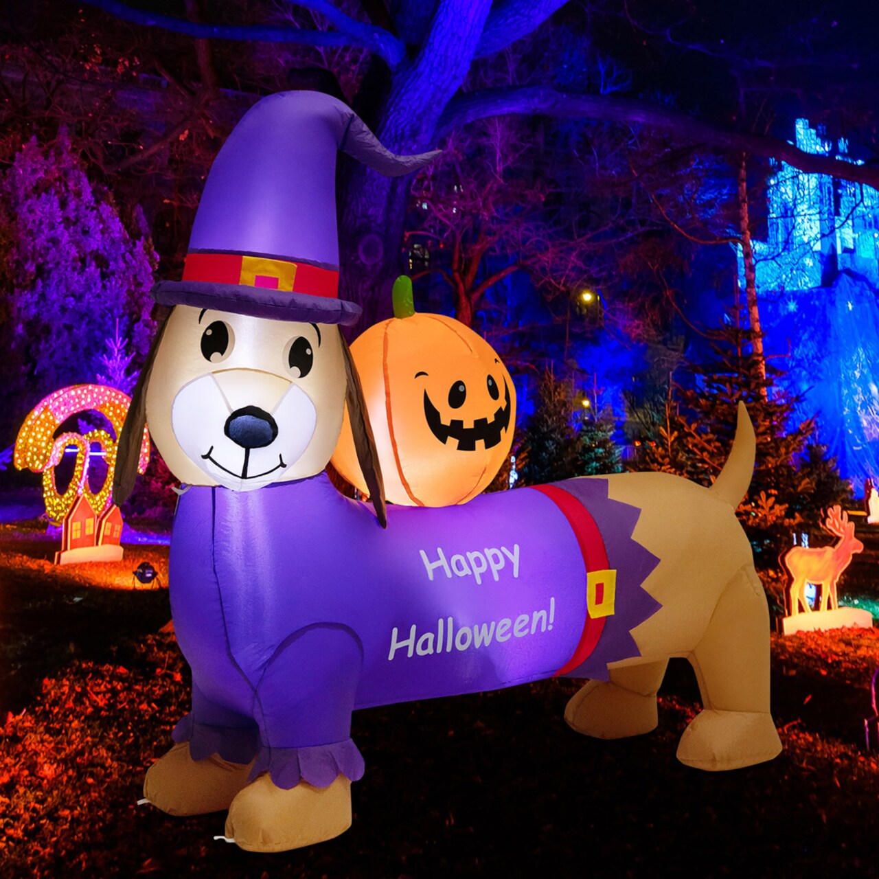 5Ft Inflatable Halloween Dachshund Dog And Ghost Pumpkin Holiday Decor W/ Led Lights